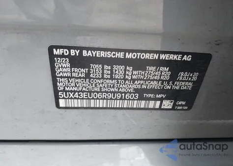2024 BMW X5 Phev xDrive50E из США, поврежденный, VIN 5UX43EU06R9U91603